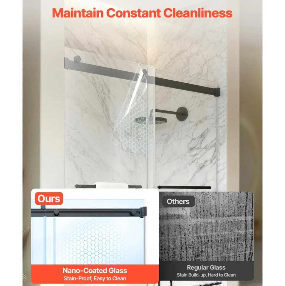 VEVOR Bathtub Shower Door 60"W x 60"H Frameless Bypass Sliding Doors Black, 5/16" Clear Tempered Glass, Double Sliding Tub Shower Doors with 2 Stainless Steel Handles, Nano Coating, for Bathroom Tubs