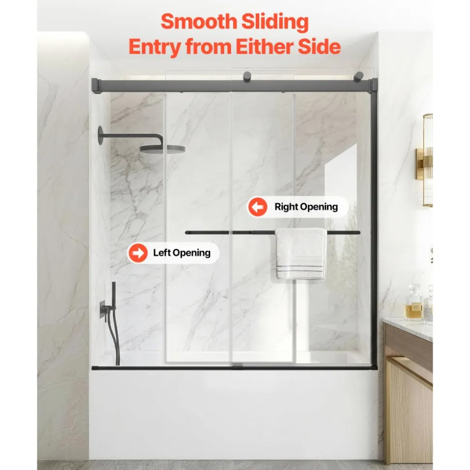 VEVOR Bathtub Shower Door 60"W x 60"H Frameless Bypass Sliding Doors Black, 5/16" Clear Tempered Glass, Double Sliding Tub Shower Doors with 2 Stainless Steel Handles, Nano Coating, for Bathroom Tubs
