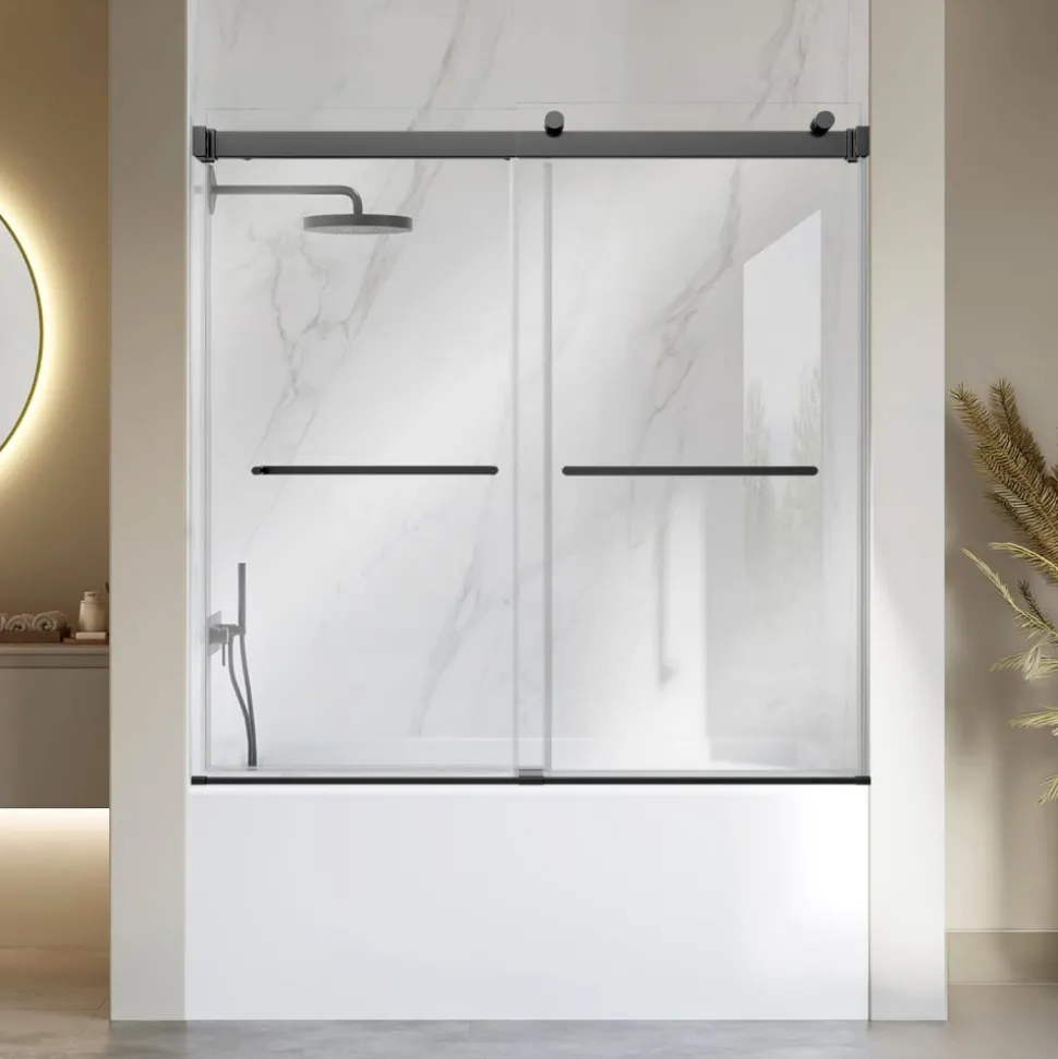 VEVOR Bathtub Shower Door 60"W x 60"H Frameless Bypass Sliding Doors Black, 5/16" Clear Tempered Glass, Double Sliding Tub Shower Doors with 2 Stainless Steel Handles, Nano Coating, for Bathroom Tubs