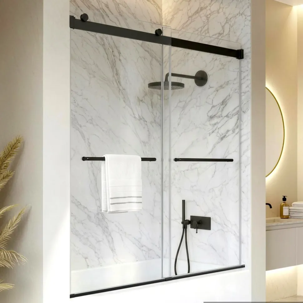 VEVOR Bathtub Shower Door 60"W x 60"H Frameless Bypass Sliding Doors Black, 5/16" Clear Tempered Glass, Double Sliding Tub Shower Doors with 2 Stainless Steel Handles, Nano Coating, for Bathroom Tubs