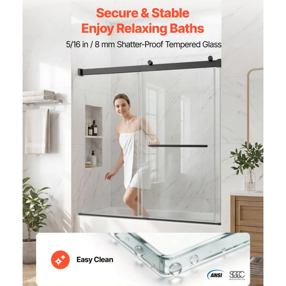 VEVOR Bathtub Shower Door 60"W x 60"H Frameless Bypass Sliding Doors Black, 5/16" Clear Tempered Glass, Double Sliding Tub Shower Doors with 2 Stainless Steel Handles, Nano Coating, for Bathroom Tubs