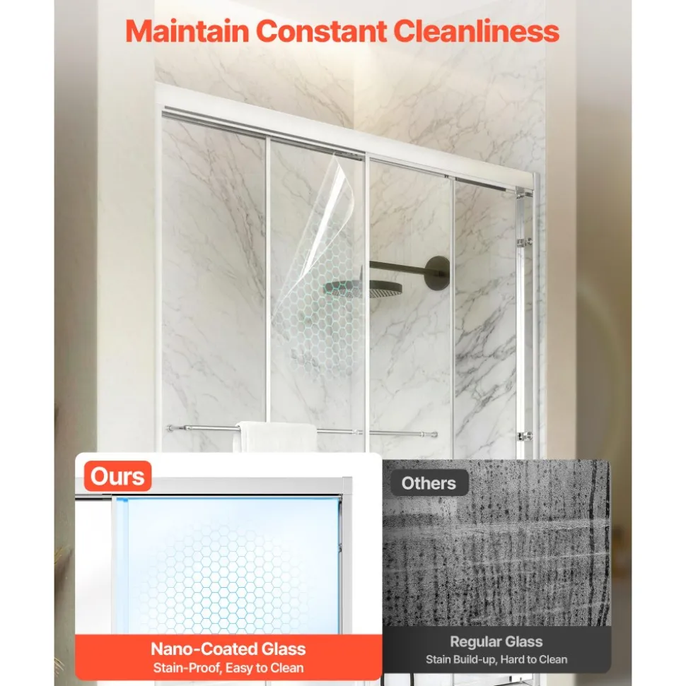 VEVOR Bathtub Shower Door 60" W x 60" H Semi-Frameless Bypass Sliding Doors, 1/4" Clear Tempered Glass, Aluminum Slim Frame, Double Sliding Tub Shower Doors with 2 Stainless Steel Handles, Silver