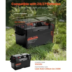 VEVOR Battery Box, Group 24/27 Trolling Motor Battery Box, 12V/24V Marine Batteries Case with PP Shell and Dual Straps, Smart Batteries Case, Suitable for Trolling Motor, Marine,RV & Solar Panel