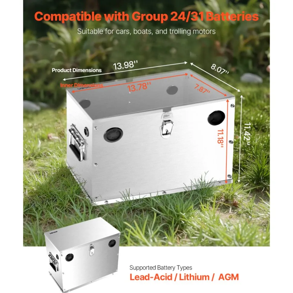 VEVOR Battery Box, Group 24/31 Trolling Motor Battery Box, Marine Batteries Case with Rubber-Grommet Cable Holes, Aluminum Alloy Shell Storage Case, Easy Installation, for Off-Road Racers, Trucks