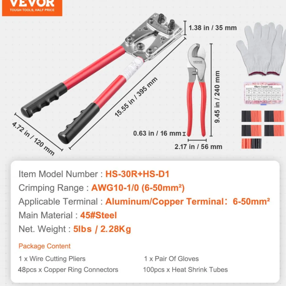 VEVOR Battery Cable Lug Crimping Tool, 10-1/0AWG with Cable Cutter and 48PCS Copper Ring Terminals, 6 Wire Sizes Crimping Die and 100pcs Heat Shrink Tubes, for Heavy Duty Wire Lugs
