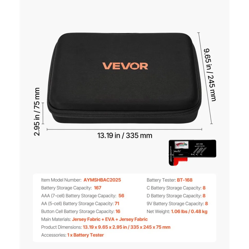 VEVOR Battery Organizer Storage Box, Battery Case Bag with Tester BT-168, Waterproof Batteries Organizer Storage Case with Zipper, Holds 167 Batteries AA AAA C D 9V Button, Black (Box Only)