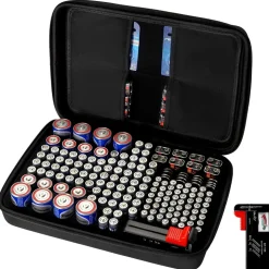 VEVOR Battery Organizer Storage Box, Battery Case Bag with Tester BT-168, Waterproof Batteries Organizer Storage Case with Zipper, Holds 167 Batteries AA AAA C D 9V Button, Black (Box Only)