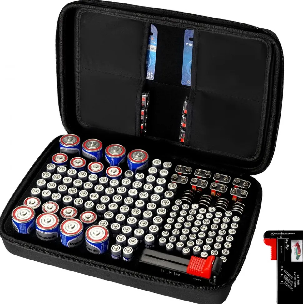 VEVOR Battery Organizer Storage Box, Battery Case Bag with Tester BT-168, Waterproof Batteries Organizer Storage Case with Zipper, Holds 167 Batteries AA AAA C D 9V Button, Black (Box Only)