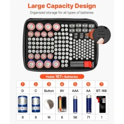 VEVOR Battery Organizer Storage Box, Battery Case Bag with Tester BT-168, Waterproof Batteries Organizer Storage Case with Zipper, Holds 167 Batteries AA AAA C D 9V Button, Black (Box Only)