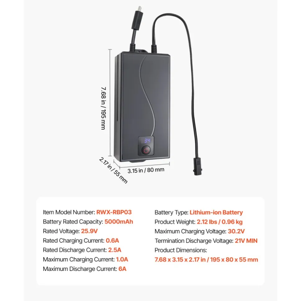 VEVOR Battery Pack for Reclining Furniture, 5000 mAh Rechargeable Recliner Battery Pack, with Universal 2-Pin Connection and LED Display Screen, for Electric Recliner, Sofa, Couch, and Lift Chair