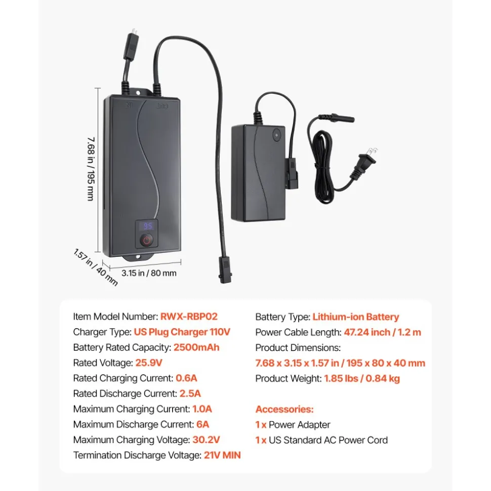 VEVOR Battery Pack for Reclining Furniture with Adapter, 2500 mAh Rechargeable Recliner Battery Pack with Universal 2-Pin Connector and LED Screen, for Electric Recliner, Sofa, Couch & Lift Chair