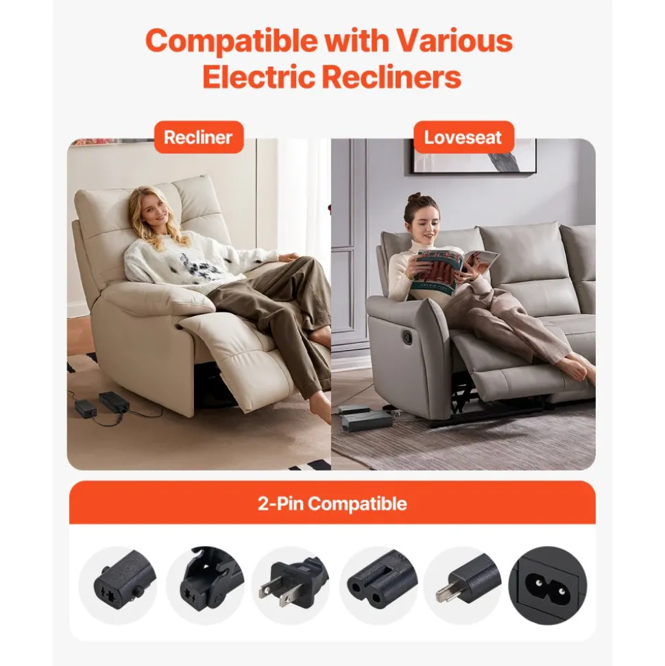 VEVOR Battery Pack for Reclining Furniture with Adapter, 2500 mAh Rechargeable Recliner Battery Pack with Universal 2-Pin Connector and LED Screen, for Electric Recliner, Sofa, Couch & Lift Chair