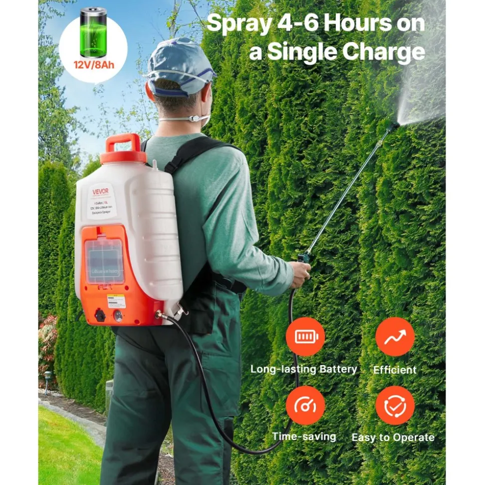 VEVOR Battery Powered Backpack Sprayer, 0-90 PSI Adjustable Pressure, 4 Gallon Tank, Back Pack Sprayer with 8 Nozzles and 2 Wands, 12V 8Ah Battery, Wide Mouth Lid for Weeding, Spraying, Cleaning