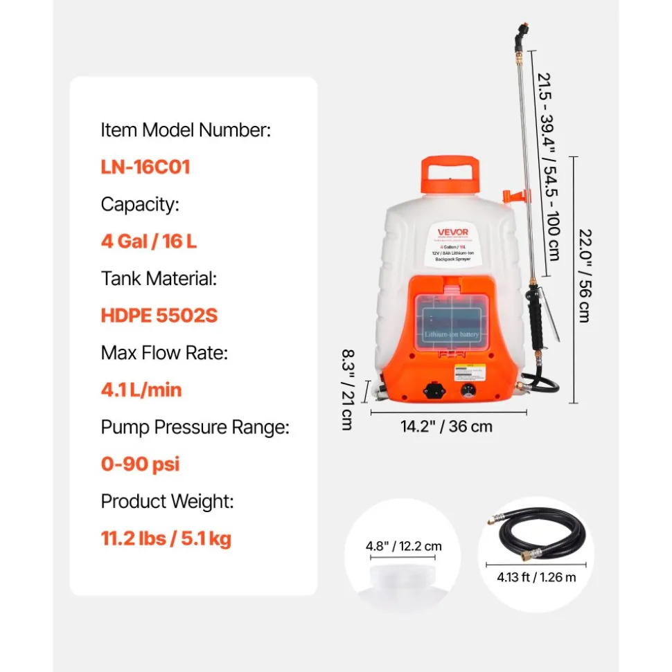 VEVOR Battery Powered Backpack Sprayer, 0-90 PSI Adjustable Pressure, 4 Gallon Tank, Back Pack Sprayer with 8 Nozzles and 2 Wands, 12V 8Ah Battery, Wide Mouth Lid for Weeding, Spraying, Cleaning