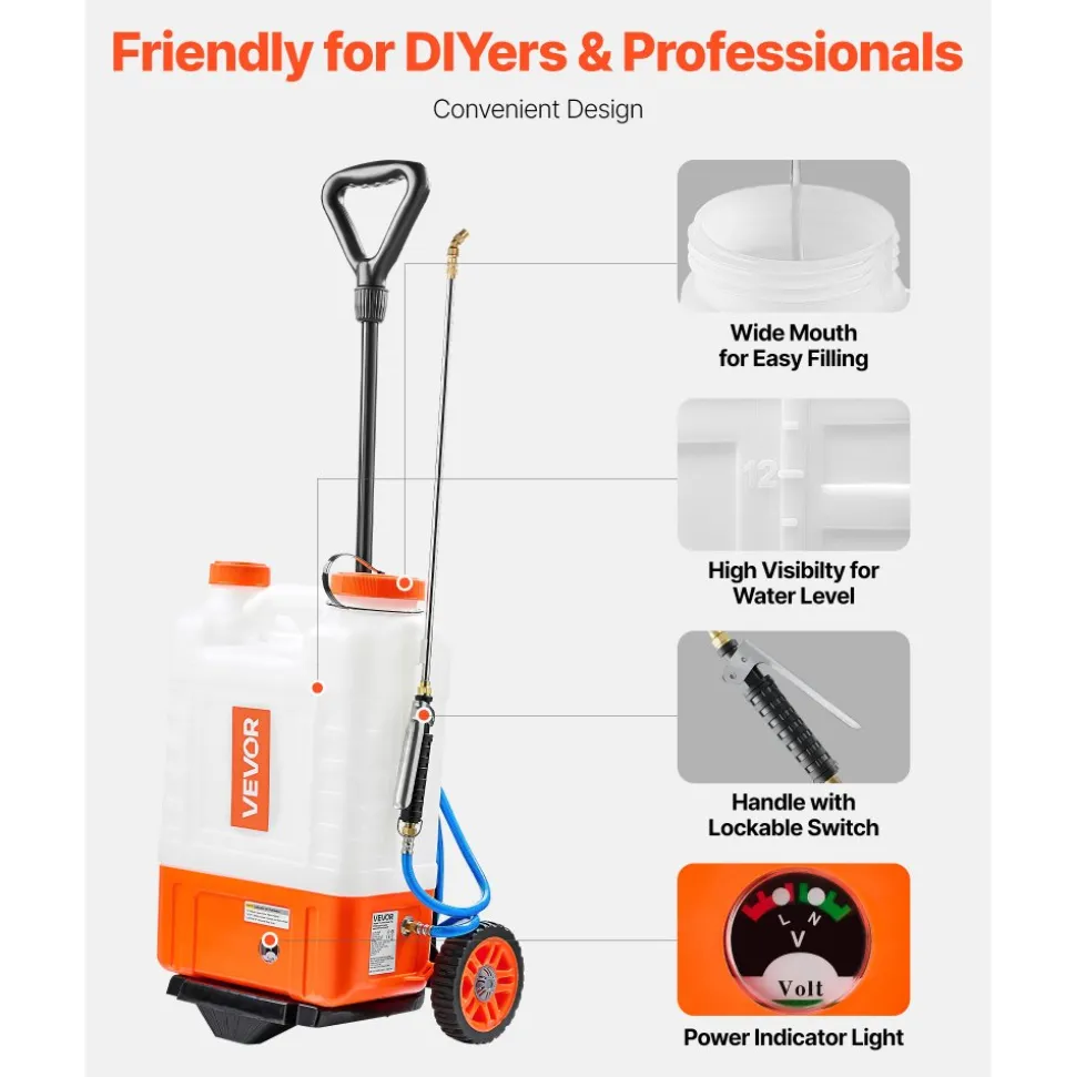 VEVOR Battery Powered Backpack Sprayer with Cart, 0-94 PSI Adjustable Pressure, 4 Gallon Tank on Wheels, with 8 Nozzles and 2 Wands, 12V 7.2Ah Battery, Wide Mouth Lid for Weeding, Spraying, Cleaning