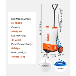 VEVOR Battery Powered Backpack Sprayer with Cart, 0-94 PSI Adjustable Pressure, 4 Gallon Tank on Wheels, with 8 Nozzles and 2 Wands, 12V 7.2Ah Battery, Wide Mouth Lid for Weeding, Spraying, Cleaning