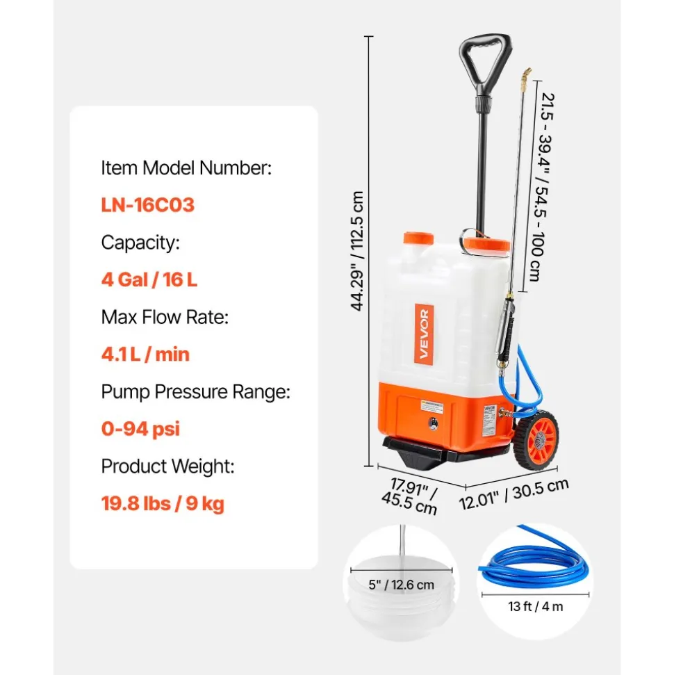 VEVOR Battery Powered Backpack Sprayer with Cart, 0-94 PSI Adjustable Pressure, 4 Gallon Tank on Wheels, with 8 Nozzles and 2 Wands, 12V 7.2Ah Battery, Wide Mouth Lid for Weeding, Spraying, Cleaning
