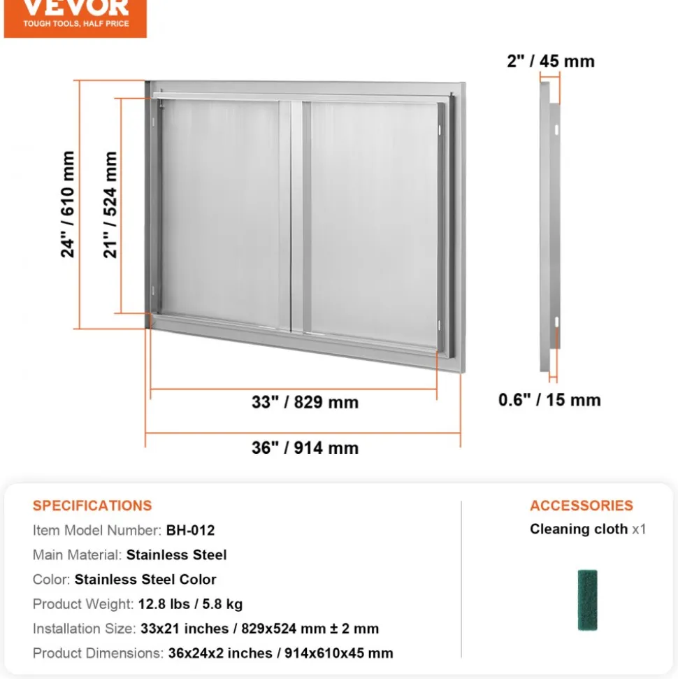 VEVOR BBQ Access Door, 26W x 24H Inch Double Outdoor Kitchen Door, Stainless Steel Flush Mount Door, Wall Vertical Door with Recessed Handles , for BBQ Island, Grilling Station, Outside Cabinet