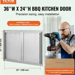 VEVOR BBQ Access Door, 26W x 24H Inch Double Outdoor Kitchen Door, Stainless Steel Flush Mount Door, Wall Vertical Door with Recessed Handles , for BBQ Island, Grilling Station, Outside Cabinet