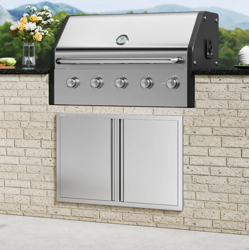 VEVOR BBQ Access Door, 26W x 24H Inch Double Outdoor Kitchen Door, Stainless Steel Flush Mount Door, Wall Vertical Door with Recessed Handles , for BBQ Island, Grilling Station, Outside Cabinet