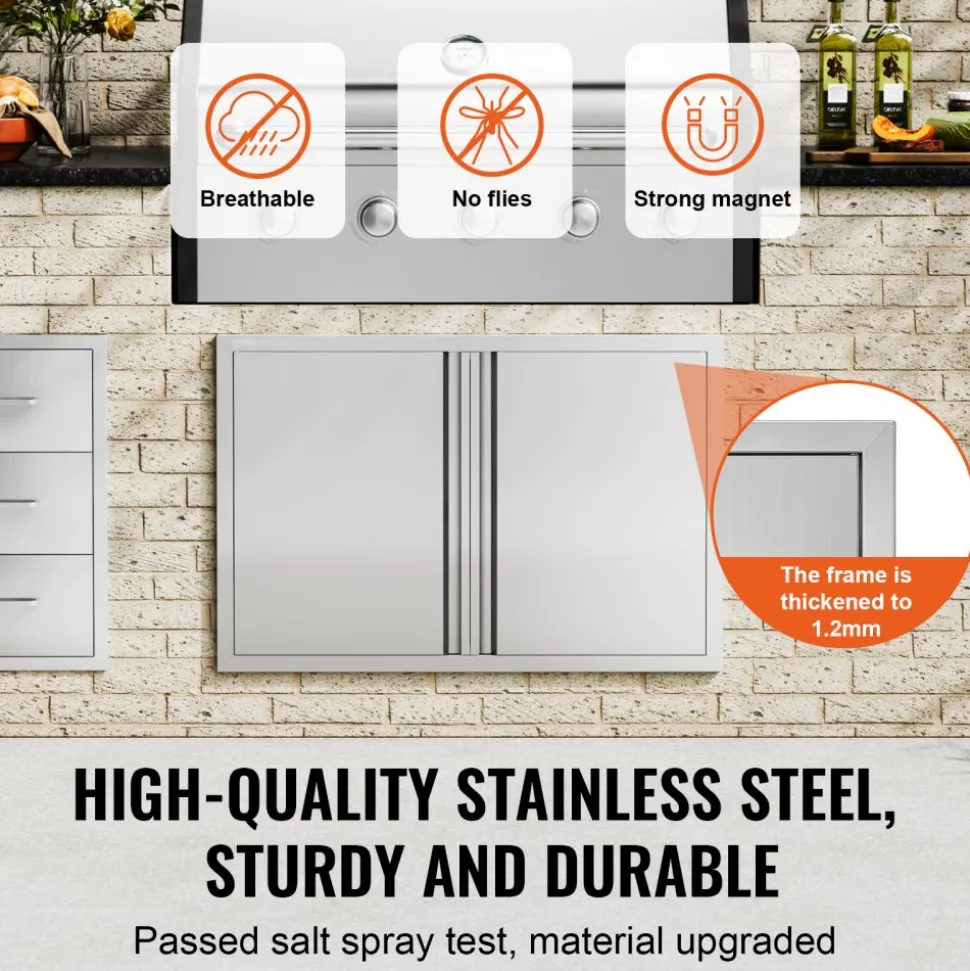 VEVOR BBQ Access Door, 26W x 24H Inch Double Outdoor Kitchen Door, Stainless Steel Flush Mount Door, Wall Vertical Door with Recessed Handles , for BBQ Island, Grilling Station, Outside Cabinet