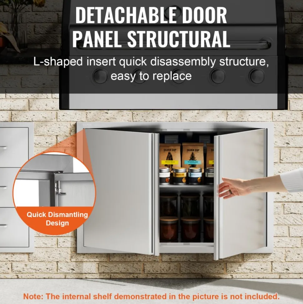 VEVOR BBQ Access Door, 26W x 24H Inch Double Outdoor Kitchen Door, Stainless Steel Flush Mount Door, Wall Vertical Door with Recessed Handles , for BBQ Island, Grilling Station, Outside Cabinet