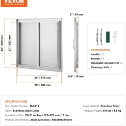 VEVOR BBQ Access Door, 26W x 24H Inch Double Outdoor Kitchen Door, Stainless Steel Flush Mount Door, Wall Vertical Door with Handles, for BBQ Island, Grilling Station, Outside Cabinet