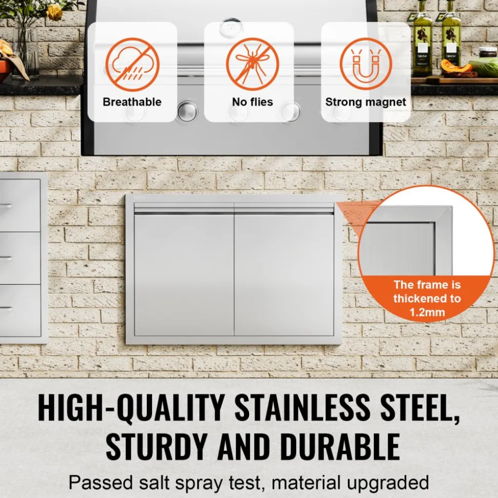 VEVOR BBQ Access Door, 30W x 21H Inch Double Outdoor Kitchen Door, Stainless Steel Flush Mount Door, Wall Vertical Door with Recessed Handles , for BBQ Island, Grilling Station, Outside Cabinet