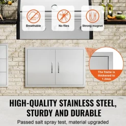 VEVOR BBQ Access Door, 33W x 22H Inch Double Outdoor Kitchen Door, Stainless Steel Flush Mount Door, Wall Vertical Door with Handles, for BBQ Island, Grilling Station, Outside Cabinet