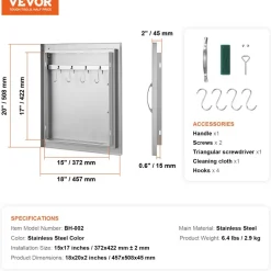 VEVOR BBQ Access Door, 18W x 20H Inch Single Outdoor Kitchen Door, Stainless Steel Flush Mount Door, Wall Vertical Door with Handle and Hook, for BBQ Island, Grilling Station, Outside Cabinet