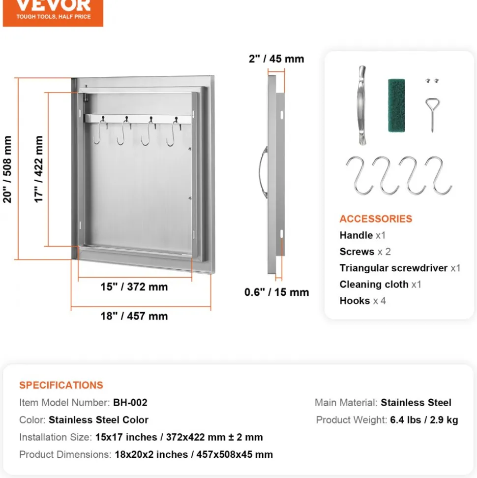 VEVOR BBQ Access Door, 18W x 20H Inch Single Outdoor Kitchen Door, Stainless Steel Flush Mount Door, Wall Vertical Door with Handle and Hook, for BBQ Island, Grilling Station, Outside Cabinet