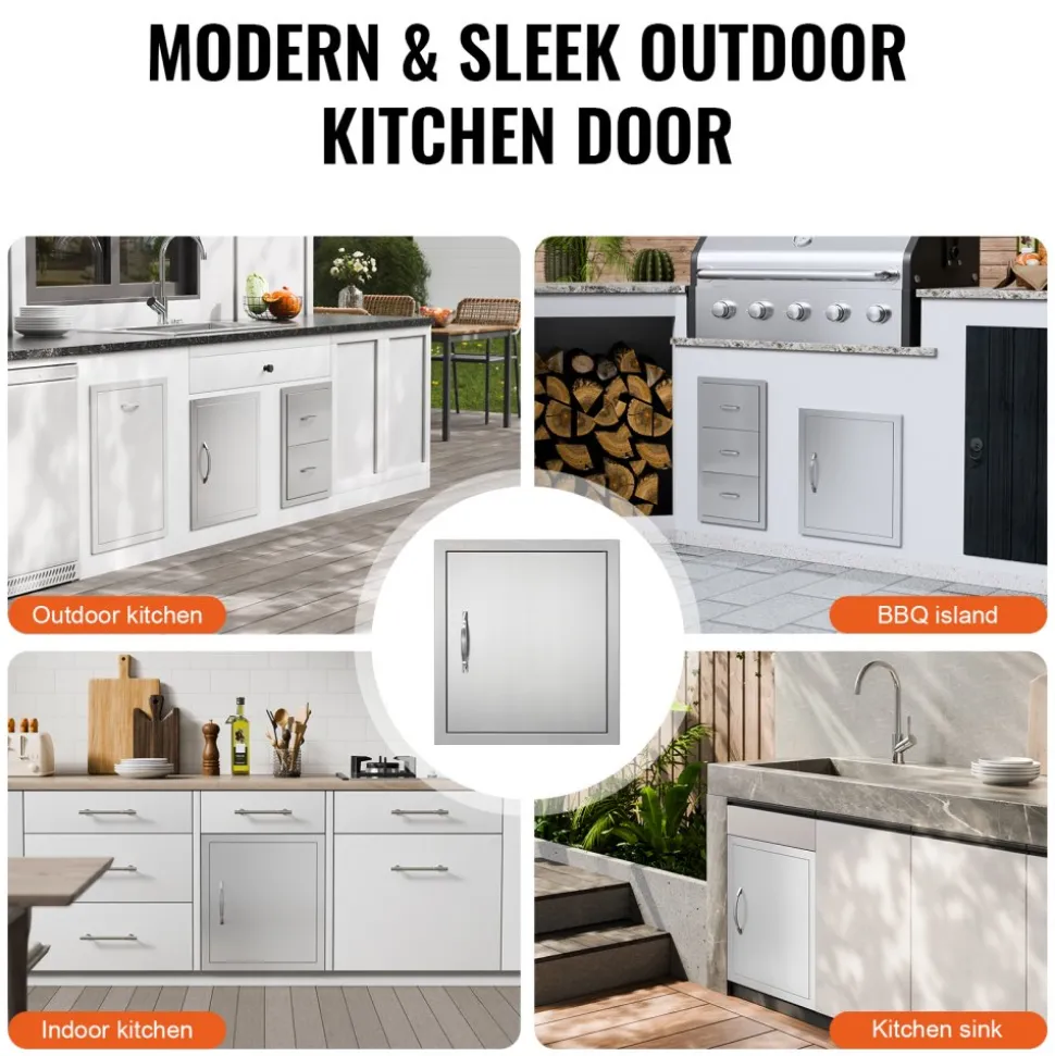 VEVOR BBQ Access Door, 18W x 20H Inch Single Outdoor Kitchen Door, Stainless Steel Flush Mount Door, Wall Vertical Door with Handle and Hook, for BBQ Island, Grilling Station, Outside Cabinet