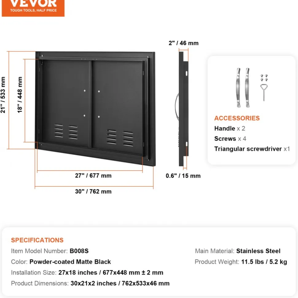 VEVOR BBQ Access Door, 30W x 21H Inch Double Outdoor Kitchen Door, Cold Plate Flush Mount Door, Wall Vertical Door with Handles and Ventss, for BBQ Island, Grilling Station, Outside Cabinet