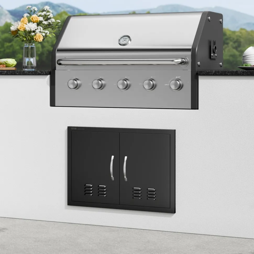 VEVOR BBQ Access Door, 30W x 21H Inch Double Outdoor Kitchen Door, Cold Plate Flush Mount Door, Wall Vertical Door with Handles and Ventss, for BBQ Island, Grilling Station, Outside Cabinet