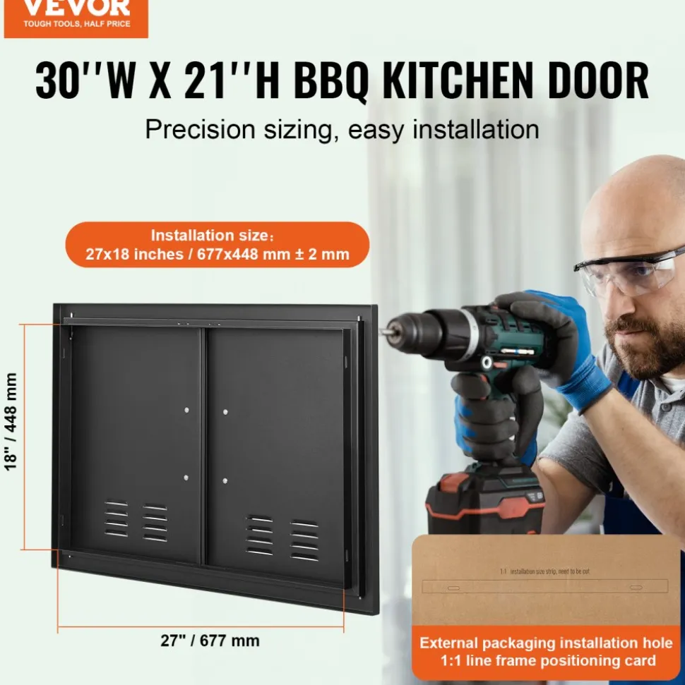 VEVOR BBQ Access Door, 30W x 21H Inch Double Outdoor Kitchen Door, Cold Plate Flush Mount Door, Wall Vertical Door with Handles and Ventss, for BBQ Island, Grilling Station, Outside Cabinet