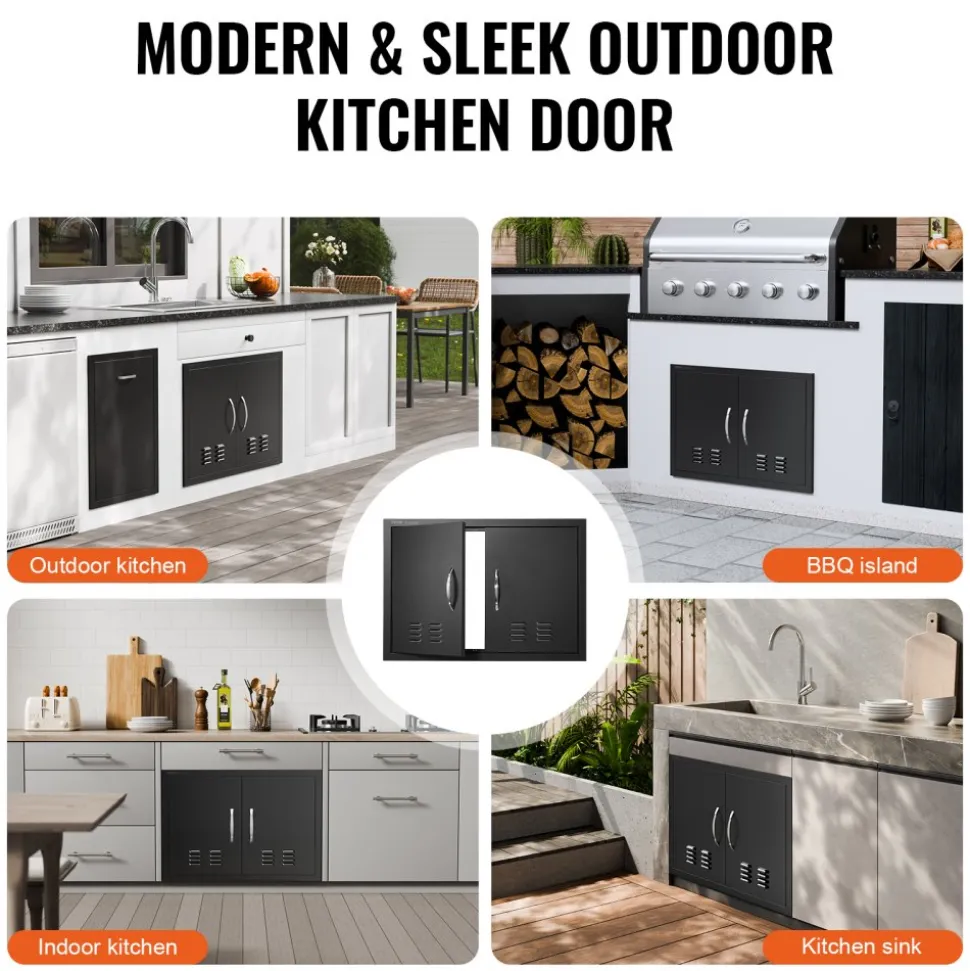 VEVOR BBQ Access Door, 30W x 21H Inch Double Outdoor Kitchen Door, Cold Plate Flush Mount Door, Wall Vertical Door with Handles and Ventss, for BBQ Island, Grilling Station, Outside Cabinet