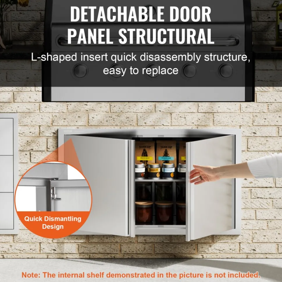VEVOR BBQ Access Door, 36W x 21H Inch Double Outdoor Kitchen Door, Stainless Steel Flush Mount Door, Wall Vertical Door with Recessed Handles , for BBQ Island, Grilling Station, Outside Cabinet