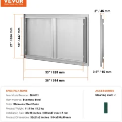 VEVOR BBQ Access Door, 36W x 21H Inch Double Outdoor Kitchen Door, Stainless Steel Flush Mount Door, Wall Vertical Door with Recessed Handles , for BBQ Island, Grilling Station, Outside Cabinet