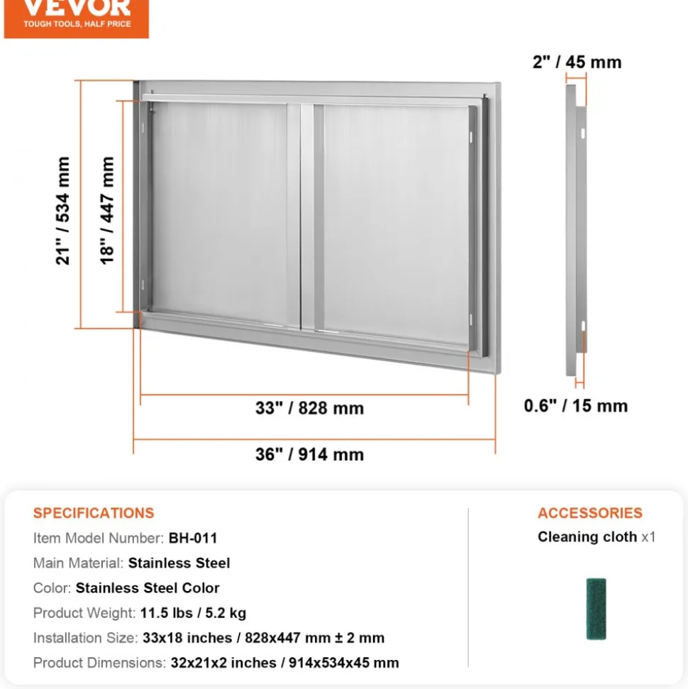 VEVOR BBQ Access Door, 36W x 21H Inch Double Outdoor Kitchen Door, Stainless Steel Flush Mount Door, Wall Vertical Door with Recessed Handles , for BBQ Island, Grilling Station, Outside Cabinet