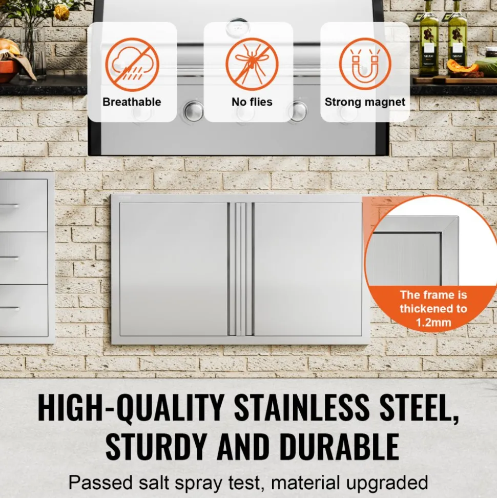 VEVOR BBQ Access Door, 36W x 21H Inch Double Outdoor Kitchen Door, Stainless Steel Flush Mount Door, Wall Vertical Door with Recessed Handles , for BBQ Island, Grilling Station, Outside Cabinet