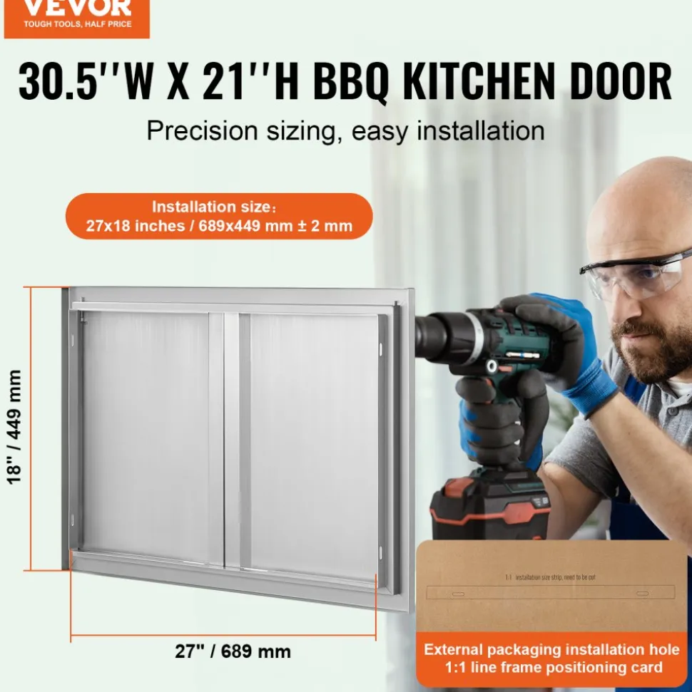 VEVOR BBQ Access Door, 30W x 21H Inch Double Outdoor Kitchen Door, Stainless Steel Flush Mount Door, Wall Vertical Door with Recessed Handles , for BBQ Island, Grilling Station, Outside Cabinet