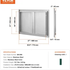 VEVOR BBQ Access Door, 30W x 21H Inch Double Outdoor Kitchen Door, Stainless Steel Flush Mount Door, Wall Vertical Door with Recessed Handles , for BBQ Island, Grilling Station, Outside Cabinet