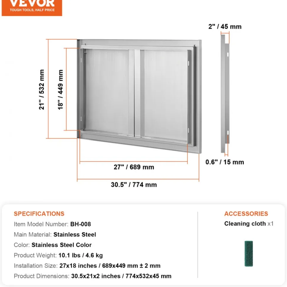 VEVOR BBQ Access Door, 30W x 21H Inch Double Outdoor Kitchen Door, Stainless Steel Flush Mount Door, Wall Vertical Door with Recessed Handles , for BBQ Island, Grilling Station, Outside Cabinet