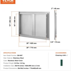 VEVOR BBQ Access Door, 16W x 22H Inch Single Outdoor Kitchen Door, Stainless Steel Flush Mount Door, Wall Vertical Door with Handle, for BBQ Island, Grilling Station, Outside Cabinet
