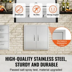 VEVOR BBQ Access Door, 24W x 24H Inch Double Outdoor Kitchen Door, Stainless Steel Flush Mount Door, Double Wall Vertical Door with Handles and Hooks, for BBQ Island, Grilling Station, Outside Cabinet