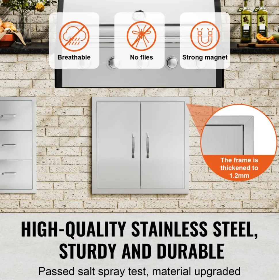 VEVOR BBQ Access Door, 24W x 24H Inch Double Outdoor Kitchen Door, Stainless Steel Flush Mount Door, Double Wall Vertical Door with Handles and Hooks, for BBQ Island, Grilling Station, Outside Cabinet