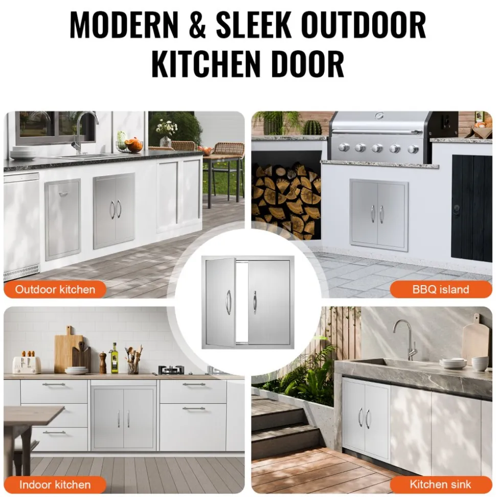 VEVOR BBQ Access Door, 24W x 24H Inch Double Outdoor Kitchen Door, Stainless Steel Flush Mount Door, Double Wall Vertical Door with Handles and Hooks, for BBQ Island, Grilling Station, Outside Cabinet