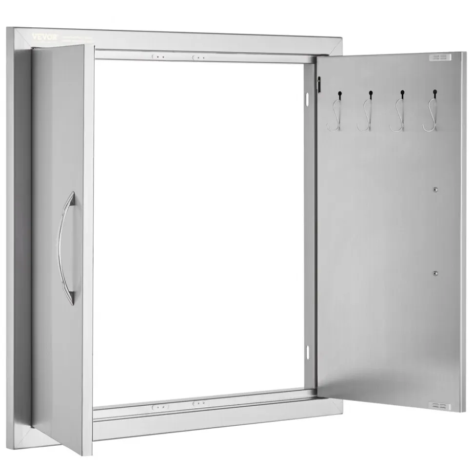VEVOR BBQ Access Door, 24W x 24H Inch Double Outdoor Kitchen Door, Stainless Steel Flush Mount Door, Double Wall Vertical Door with Handles and Hooks, for BBQ Island, Grilling Station, Outside Cabinet