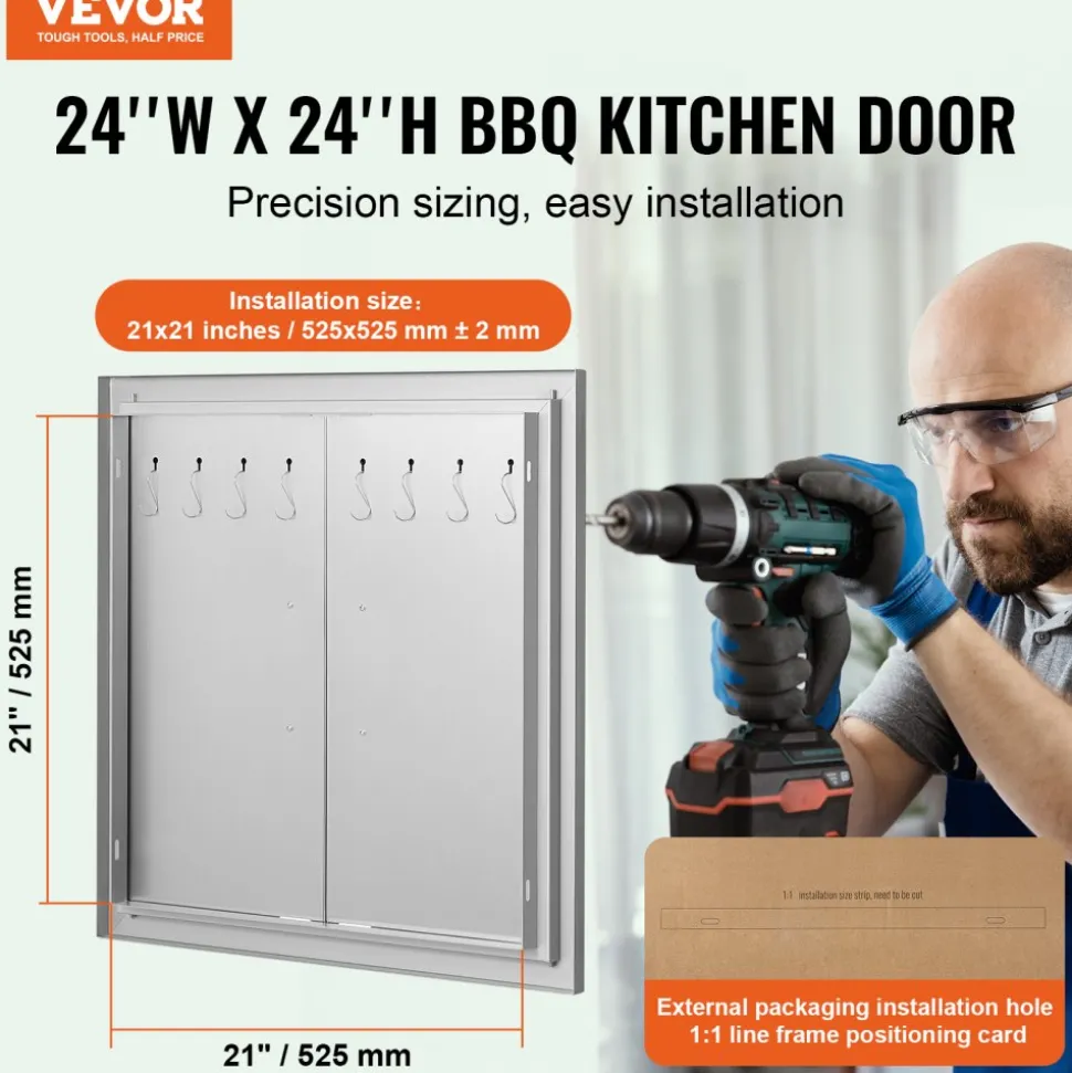 VEVOR BBQ Access Door, 24W x 24H Inch Double Outdoor Kitchen Door, Stainless Steel Flush Mount Door, Double Wall Vertical Door with Handles and Hooks, for BBQ Island, Grilling Station, Outside Cabinet