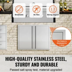 VEVOR BBQ Access Door, 31W x 24H Inch Double Outdoor Kitchen Door, Stainless Steel Flush Mount Door, Wall Vertical Door with Recessed Handles , for BBQ Island, Grilling Station, Outside Cabinet